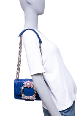 MIU MIU LADY CRYSTAL EMBELLISHED BLUE MATELASSÉ LEATHER SHOULDER BAG
