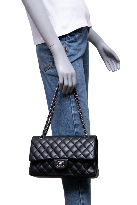 CHANEL CLASSIC DOUBLE FLAP MEDIUM LAMBSKIN BLACK HDWR SILVER