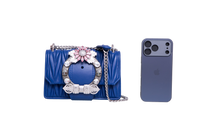 MIU MIU LADY CRYSTAL EMBELLISHED BLUE MATELASSÉ LEATHER SHOULDER BAG
