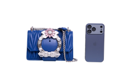 MIU MIU LADY CRYSTAL EMBELLISHED BLUE MATELASSÉ LEATHER SHOULDER BAG
