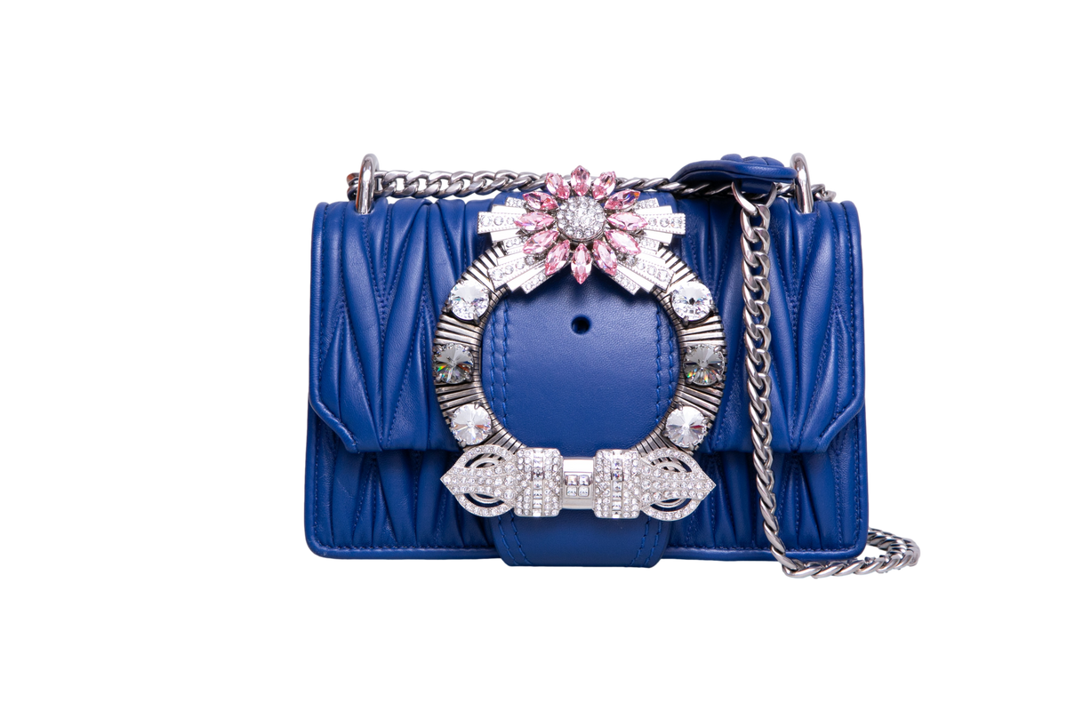 MIU MIU LADY CRYSTAL EMBELLISHED BLUE MATELASSÉ LEATHER SHOULDER BAG