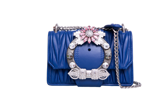 MIU MIU LADY CRYSTAL EMBELLISHED BLUE MATELASSÉ LEATHER SHOULDER BAG