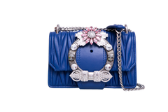 MIU MIU LADY CRYSTAL EMBELLISHED BLUE MATELASSÉ LEATHER SHOULDER BAG
