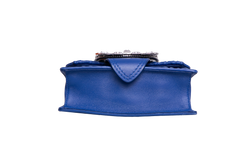 MIU MIU LADY CRYSTAL EMBELLISHED BLUE MATELASSÉ LEATHER SHOULDER BAG
