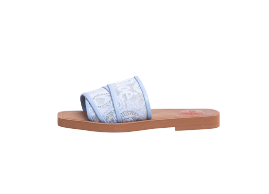 CHLOÉ FLAT WOODY LOGO LACE LIGHT BLUE -  34/34,5 BR