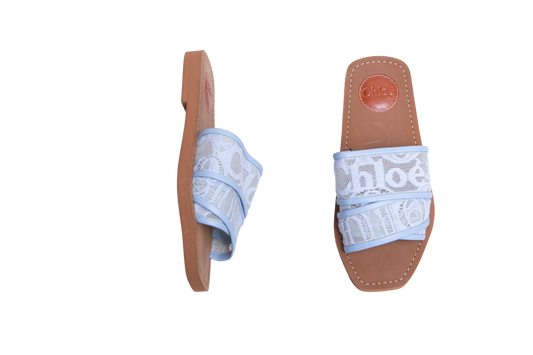 CHLOÉ FLAT WOODY LOGO LACE LIGHT BLUE -  34/34,5 BR