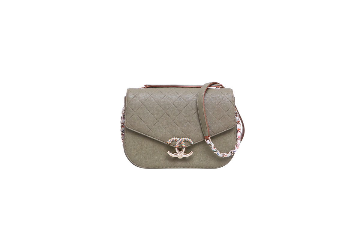 CHANEL PARIS-CUBA THREAD GREEN CAVIAR AROUND FLAP BAG MEDIUM