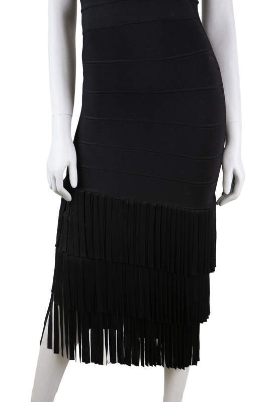 HERVE LEGER VESTIDO PRETO COM FRANJAS