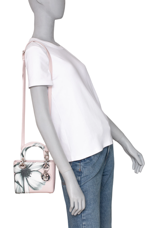 DIOR LADY DIOR MINI DEERSKIN FLORAL PRINTED PINK