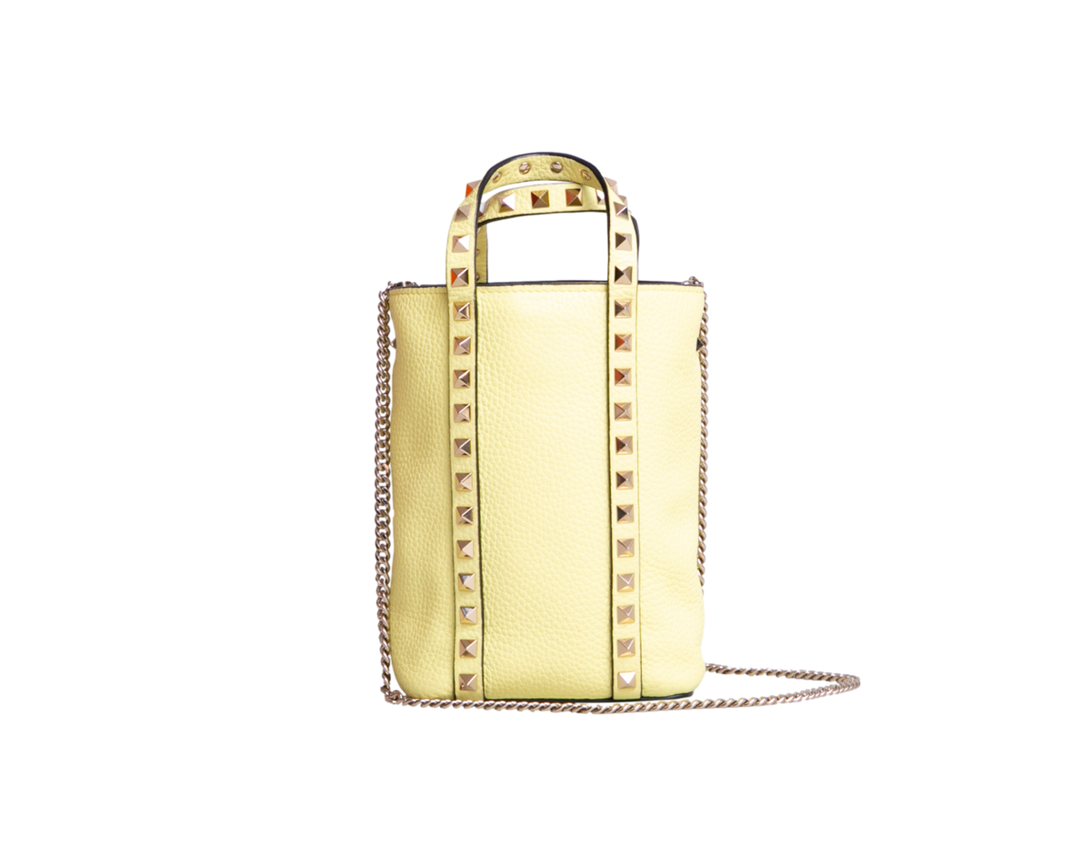 VALENTINO ROCKSTUD MINI TOTE BAG IN GRAINED LEATHER YELLOW LIME