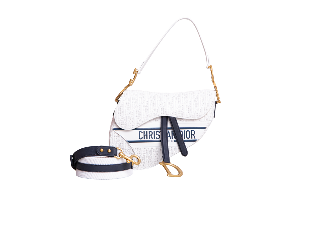 DIOR SADDLE PERFORATED OBLIQUE EMBOSSED CALFSKIN WHITE/NAVY