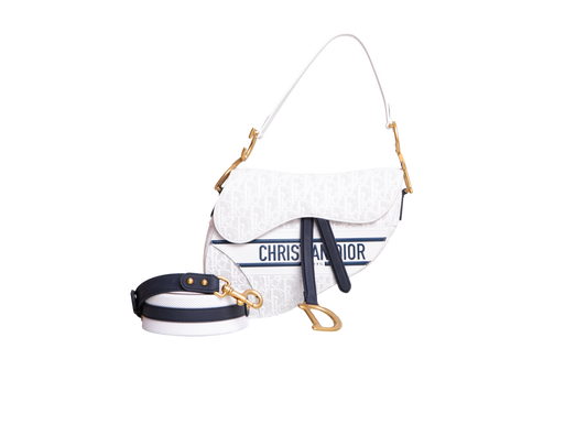 DIOR SADDLE PERFORATED OBLIQUE EMBOSSED CALFSKIN WHITE/NAVY