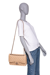 CHANEL CLASSIC DOUBLE FLAP JUMBO CAVIAR BEIGE - SILVER HDWR