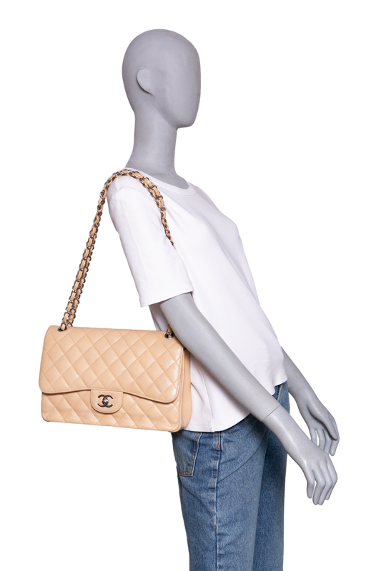 CHANEL CLASSIC DOUBLE FLAP JUMBO CAVIAR BEIGE - SILVER HDWR