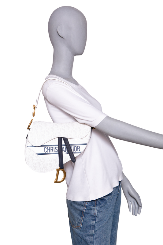 DIOR SADDLE PERFORATED OBLIQUE EMBOSSED CALFSKIN WHITE/NAVY