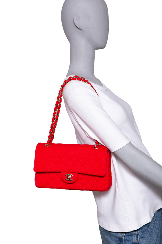 CHANEL CLASSIC FLAP BAG MEDIUM QUILTED COTTON FABRIC RED