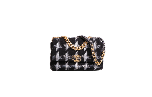 DESAPEGO BRUNA CARDOSO CHANEL 19 LARGE TWEED CHAIN BLACK/WHITE TWO-TONE HDWR