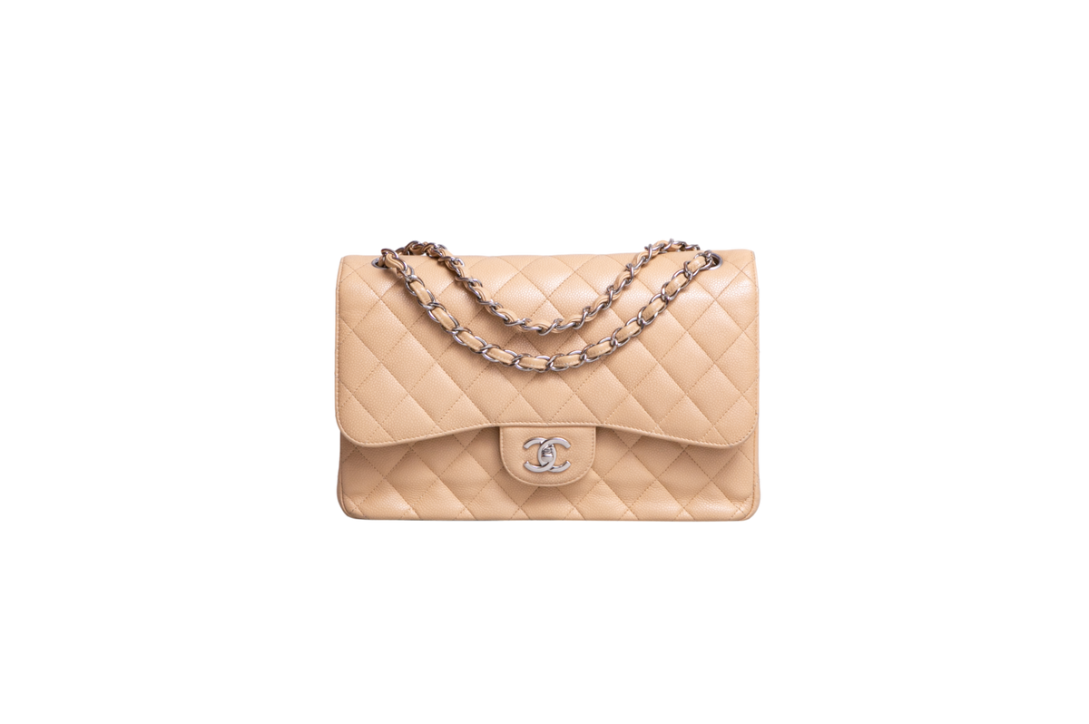 CHANEL CLASSIC DOUBLE FLAP JUMBO CAVIAR BEIGE - SILVER HDWR
