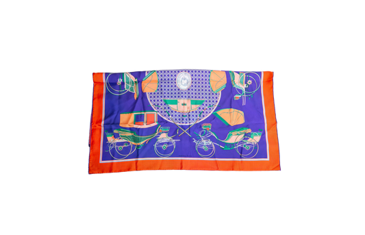 HERMÈS CARRÉ 90 LES VOITURES NOUVELLES SILF SCARF PURPLE/ORANGE/GREEN