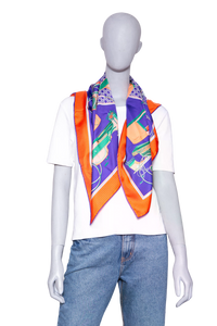 HERMÈS CARRÉ 90 LES VOITURES NOUVELLES SILF SCARF PURPLE/ORANGE/GREEN