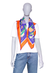 HERMÈS CARRÉ 90 LES VOITURES NOUVELLES SILF SCARF PURPLE/ORANGE/GREEN