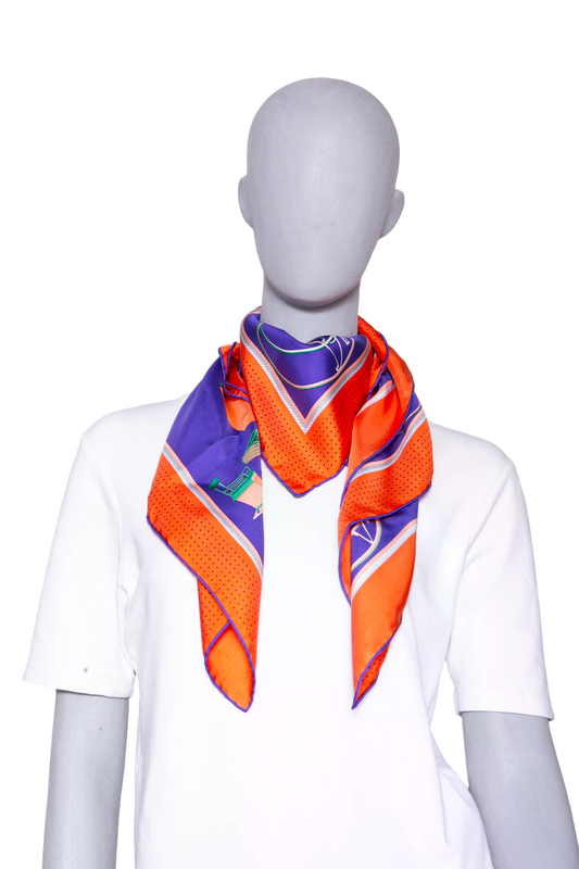 HERMÈS CARRÉ 90 LES VOITURES NOUVELLES SILF SCARF PURPLE/ORANGE/GREEN