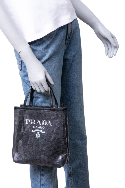PRADA TOTE LOGO SEQUIN-EMBELLISHED BLACK