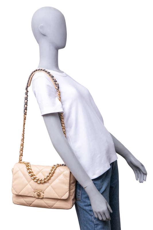 CHANEL 19 MEDIUM 3 FLAP BAG LAMBSKIN CREAM HDW GOLD 2020