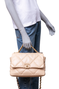 CHANEL 19 MEDIUM 3 FLAP BAG LAMBSKIN CREAM HDW GOLD 2020