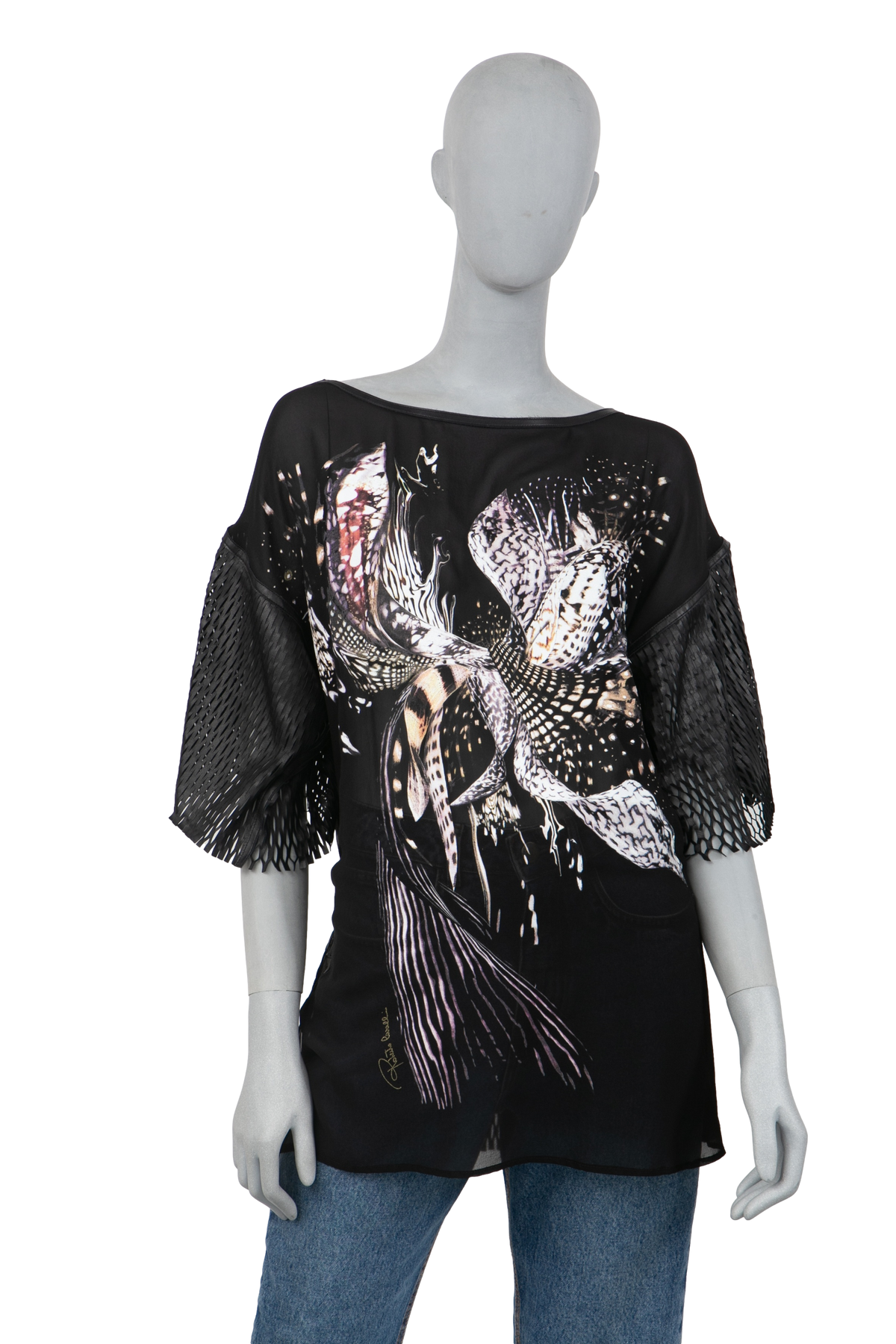ROBERTO CAVALLI LEATHER T-SHIRT BLACK