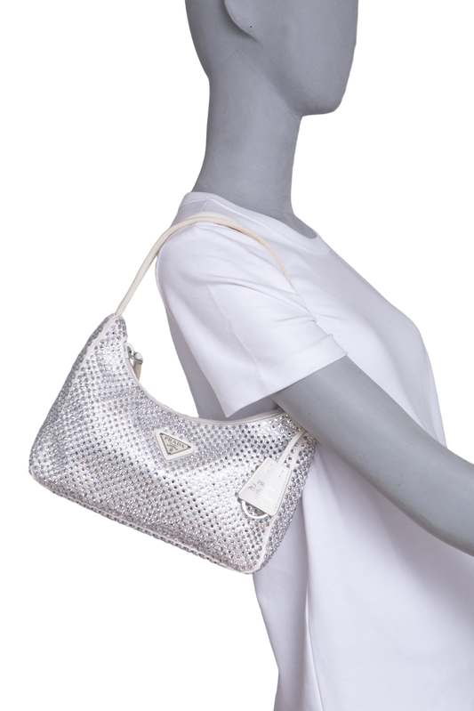 PRADA RE-EDITION 2000 OFF WHITE SATIN RHINESTONE