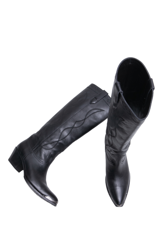 CELINE HIGH BOOTS WESTERN W/METAL TOE IN BLACK - 38 BR