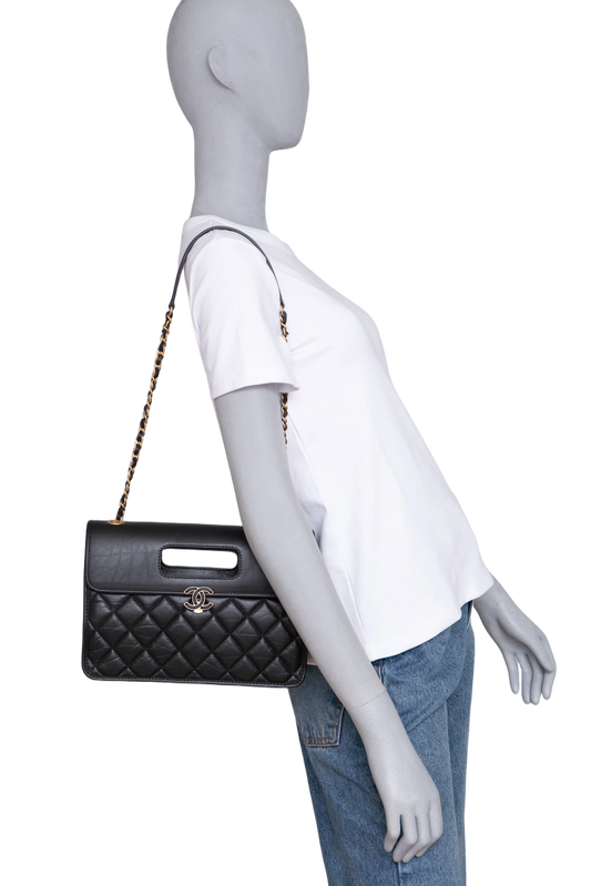 CHANEL AGED CALFSKIN GRAPHIC CATCH FLAP BLACK