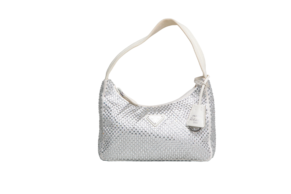 PRADA RE-EDITION 2000 OFF WHITE SATIN RHINESTONE