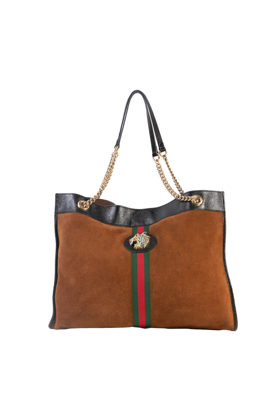 GUCCI RAJAH TOTE BROWN CHAIN SUEDE