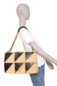 YSL JAMIE 4.0 LARGE SHEARLING PATCHWORK AND LEATHER BLACK/BEIGE
