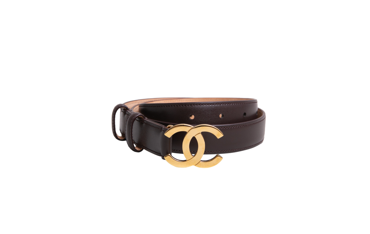 CHANEL LEATHER BELT CALFSKIN AND METAL DARK BROWN E GOLDEN