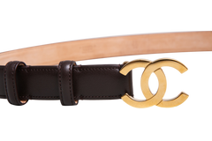 CHANEL LEATHER BELT CALFSKIN AND METAL DARK BROWN E GOLDEN