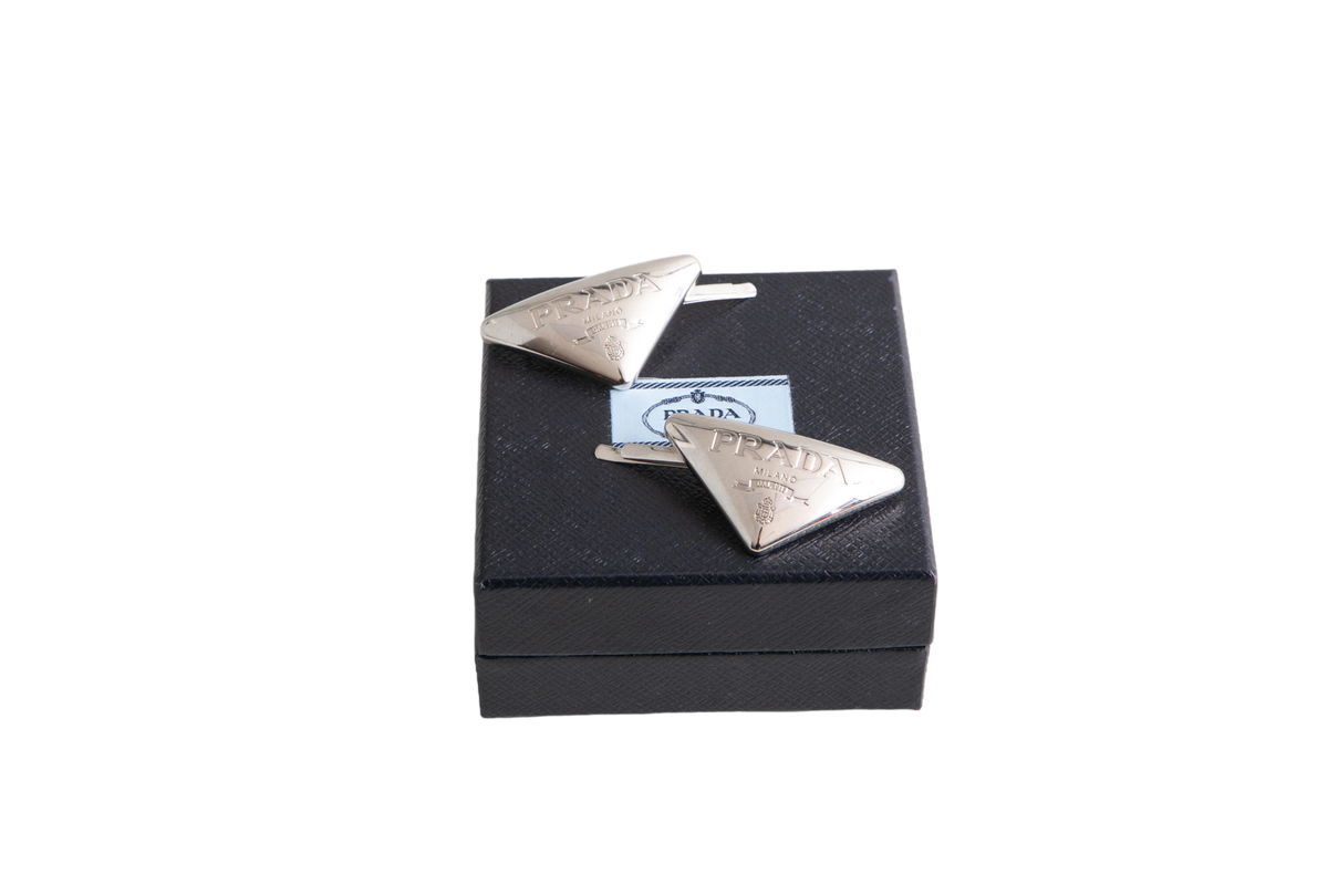 PRADA TRIANGLE LOGO METAL HAIR PINS SILVER