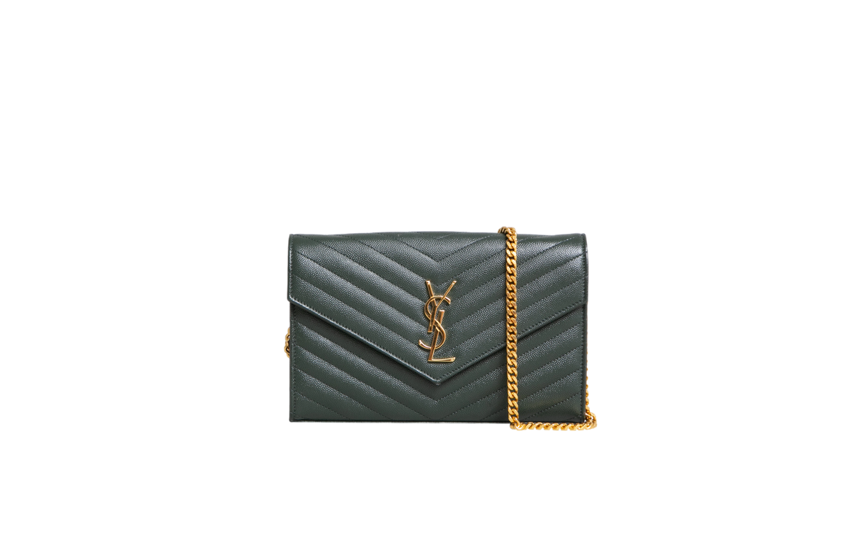 YSL WOC CASSANDRE ENVELOPE GRAIN DE POUDRE MOSS GREEN