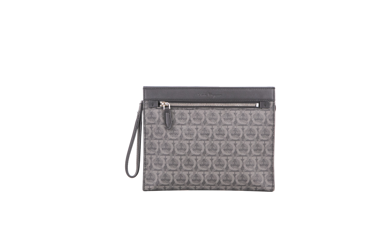 FERRAGAMO POUCH GANCINI EMBOSSED ZIPPED CLUTCH GREY