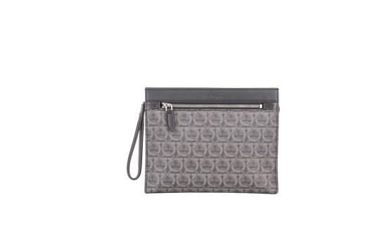 FERRAGAMO POUCH GANCINI EMBOSSED ZIPPED CLUTCH GREY