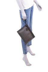 FERRAGAMO POUCH GANCINI EMBOSSED ZIPPED CLUTCH GREY