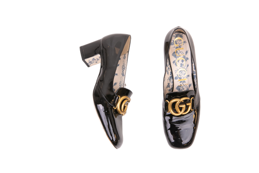 GUCCI PUMPS HEELS GG MARMONT PATENT BLACK - 39 BR