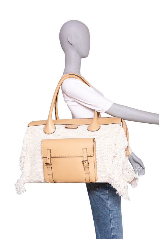 CHLOÉ EDITH LARGE FRINGED CROCHET OFF WHITE LEATHER BEIGE