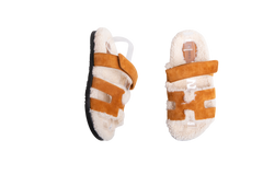HERMÈS SANDAL CHYPRE SUEDE GOATSKIN AND SHEARLING BRUN FUMÉ/ECRU - 36 BR
