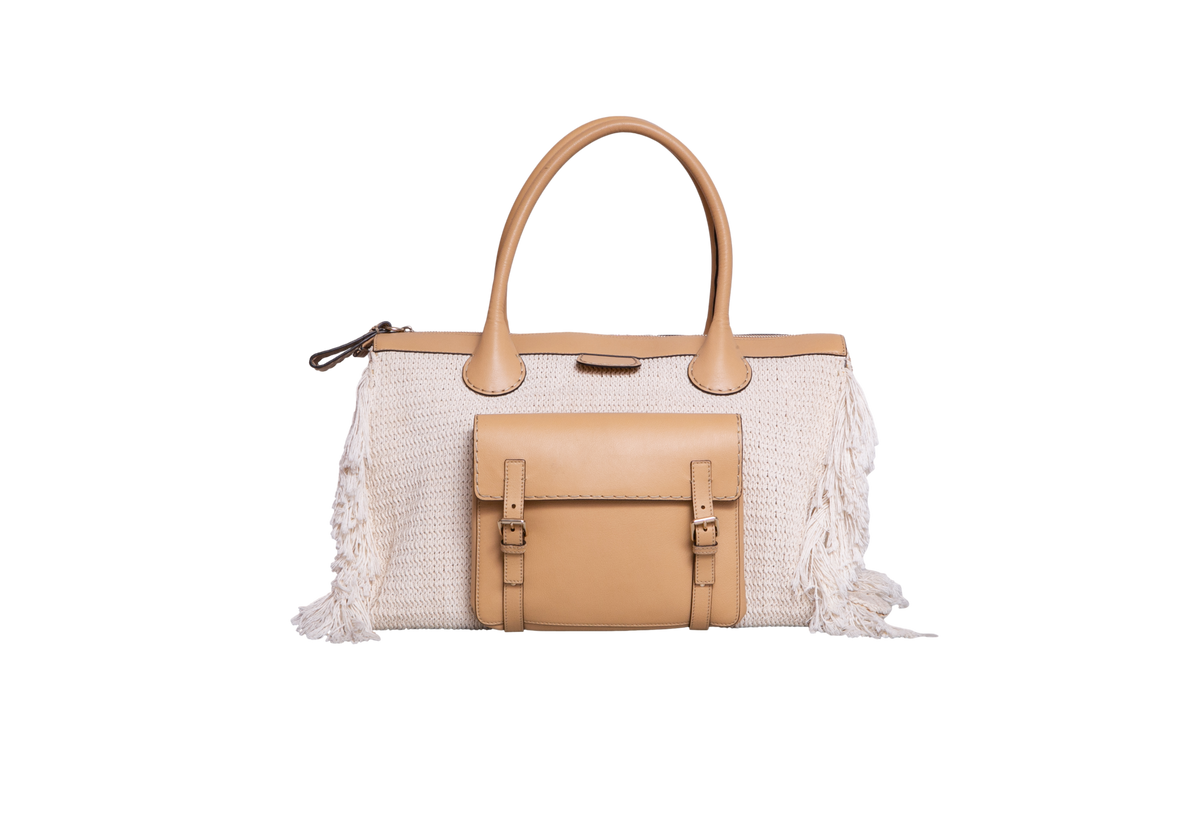 CHLOÉ EDITH LARGE FRINGED CROCHET OFF WHITE LEATHER BEIGE