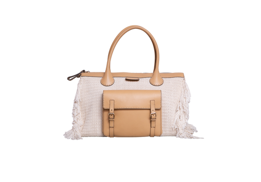 CHLOÉ EDITH LARGE FRINGED CROCHET OFF WHITE LEATHER BEIGE