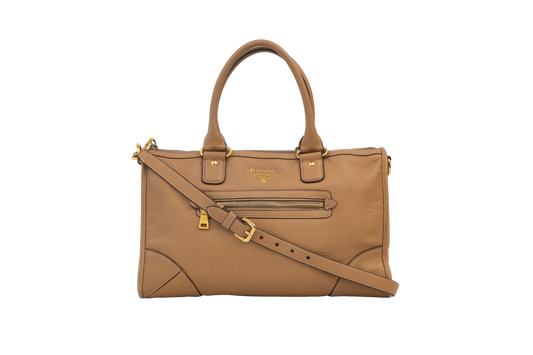 PRADA VITELLO DOUBLE ZIP SATCHEL BEIGE