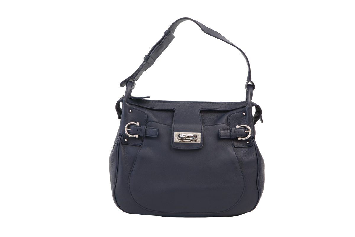 FERRAGAMO LEATHER GANCIO BAG SHOULDER BAG NAVY